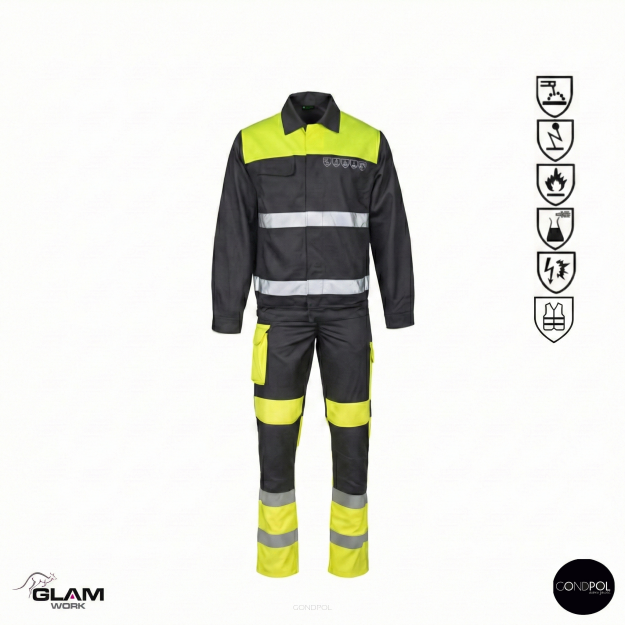 Ubranie ochronne multifunkcyjne odblask ORION(żółto szare certyfikat) spodnie ogrodniczki lub na pasku-produkt Gondpol