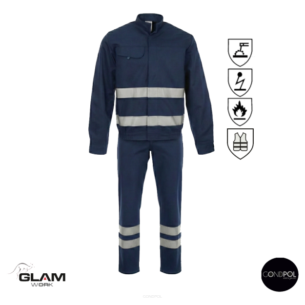 Ubranie ochronne trudnopalne antystatyczne wzmacniane z odblaskiem ORION z certyfikatem (spodnie na pasku lub ogrodniczki)-produkt Gondpol