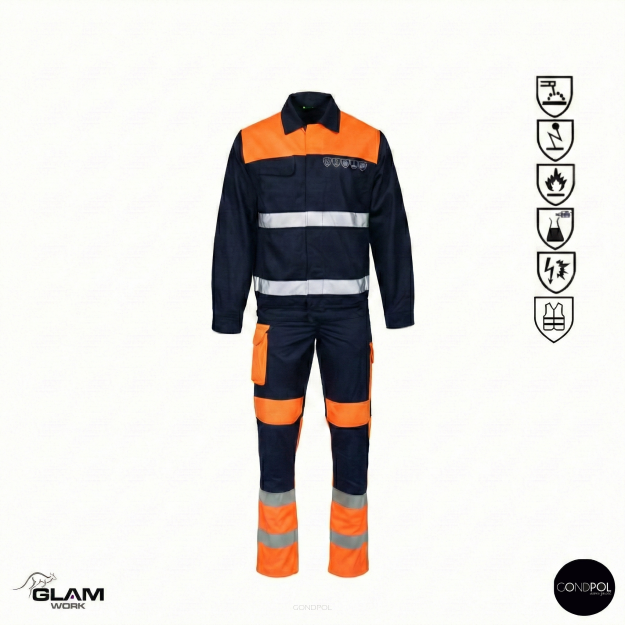 Ubranie ochronne multifunkcyjne odblask ORION(granatowo-pomarańczowe certyfikat) spodnie ogrodniczki lub na pasku-produkt Gondpol