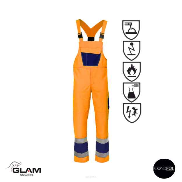 Spodnie ochronne multifunkcyjne ogrodniczki odblask ORION(pomarańczowo-granatowe certyfikat)-produkt gondpol