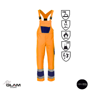Spodnie ochronne multifunkcyjne ogrodniczki odblask ORION(pomarańczowo-granatowe certyfikat)-produkt gondpol