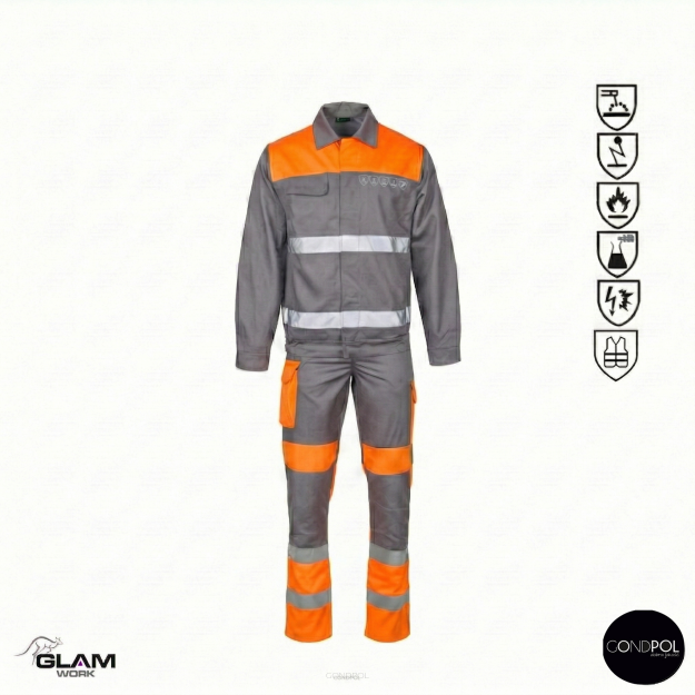 Ubranie ochronne multifunkcyjne odblask ORION(szaro-pomarańczowe certyfikat) spodnie ogrodniczki lub na pasku-produkt Gondpol