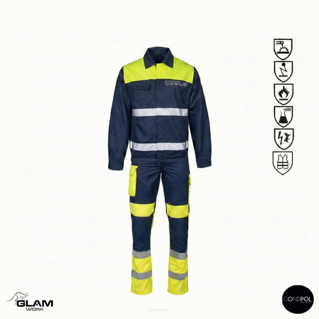 Ubranie ochronne multifunkcyjne odblask ORION(granatowo-żółte certyfikat) spodnie ogrodniczki lub na pasku-produkt Gondpol
