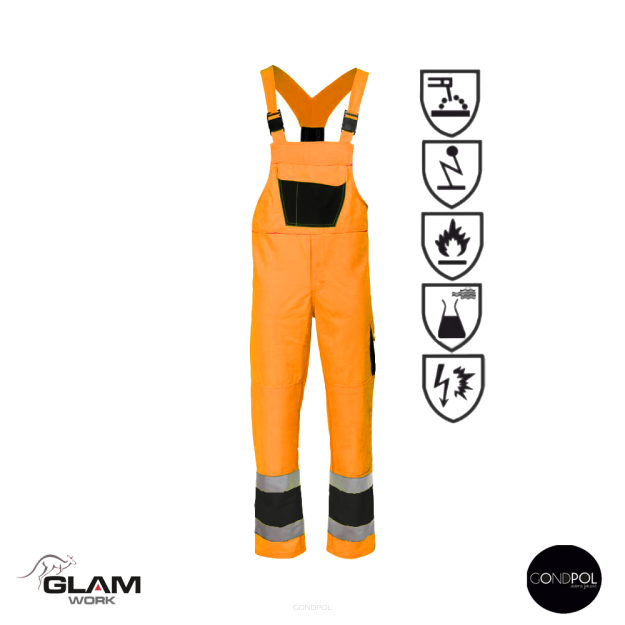 Spodnie ochronne multifunkcyjne ogrodniczki odblask ORION(pomarańczowo-czarne certyfikat)-produkt Gondpol