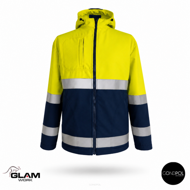 Kurtka softshell odblaskowa DUO z kapturem żółto-granatowa – Gondpol