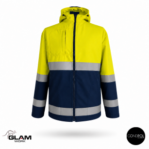 Kurtka softshell odblaskowa DUO z kapturem żółto-granatowa – Gondpol