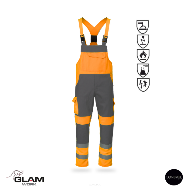 Spodnie ochronne multifunkcyjne ogrodniczki ORION(popiel-pomarańczowe certyfikat)produkt Gondpol