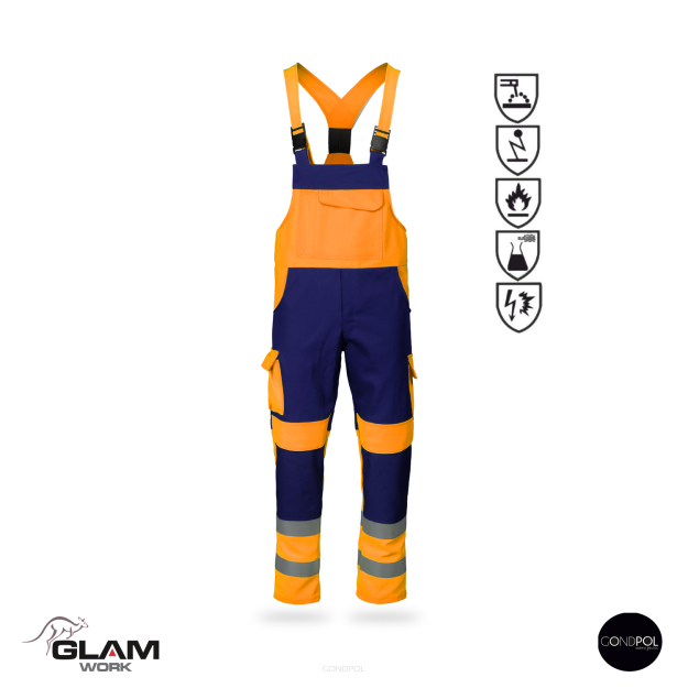Spodnie ochronne multifunkcyjne ogrodniczki ORION(granatowo-pomarańczowe certyfikat)produkt Gondpol