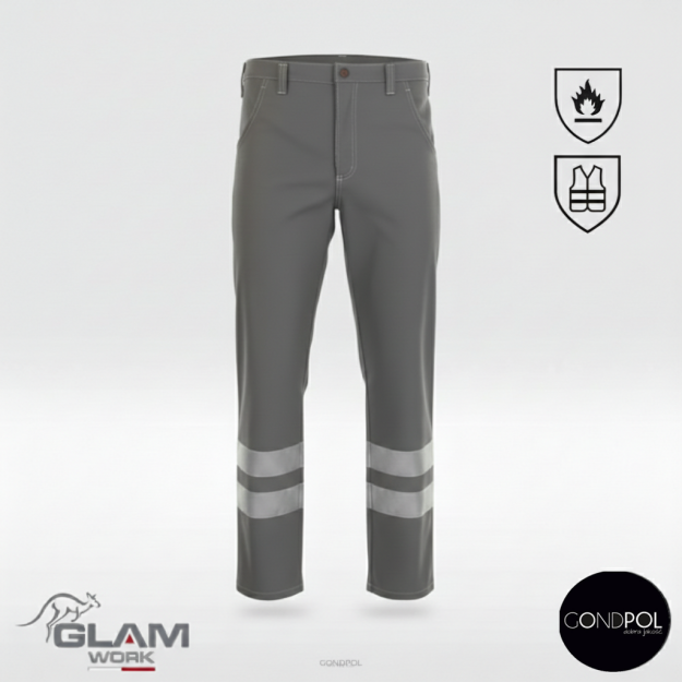 Spodnie ochronne trudnopalne z odblaskiem pasek(popiel)produkt Gondpol